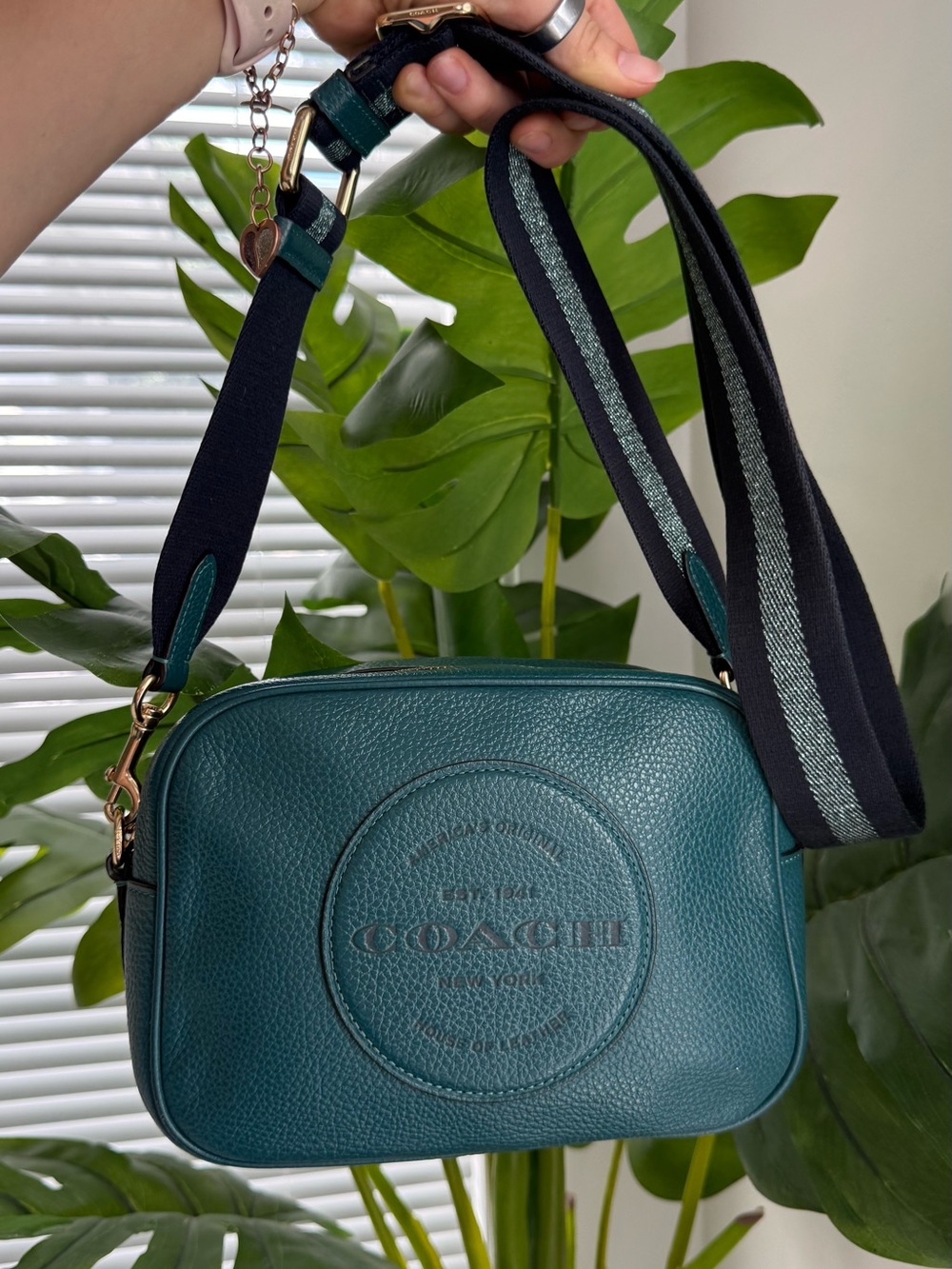 Coach Teal Pebbled Leather Camera Crossbody with Striped Strap